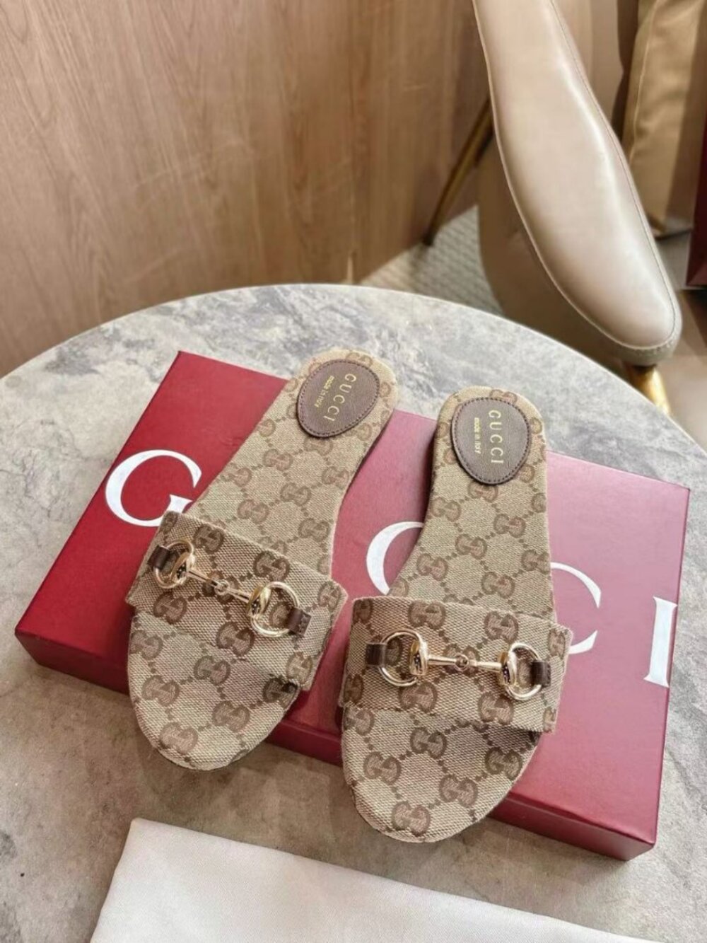 Gucci GG Canvas Horsebit Flat Slip-On Slide Sandals